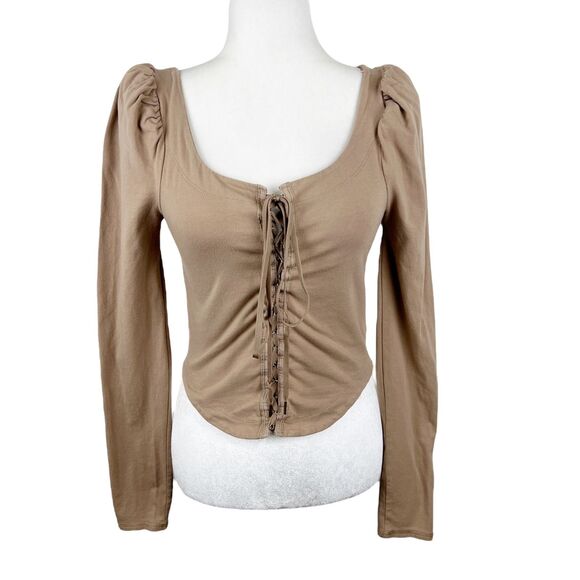 Free People Blouse Women Medium Brown Puff Sleeve Corset Tie Front Scoop Neck - Picture 1 of 15